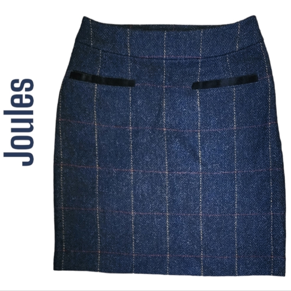 Joules Navy Windowpane Wool Blend Pencil Skirt